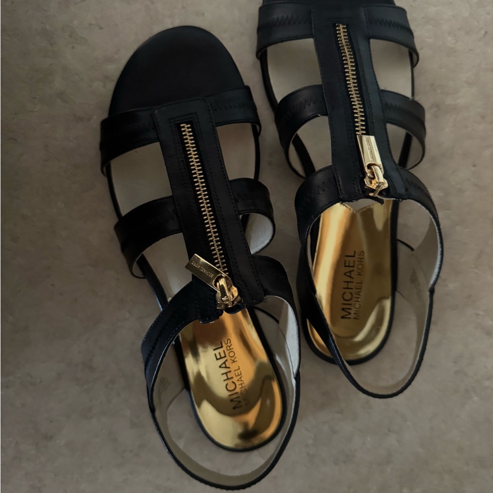 Michael Kors Black Sandals with Gold Zipper Detail